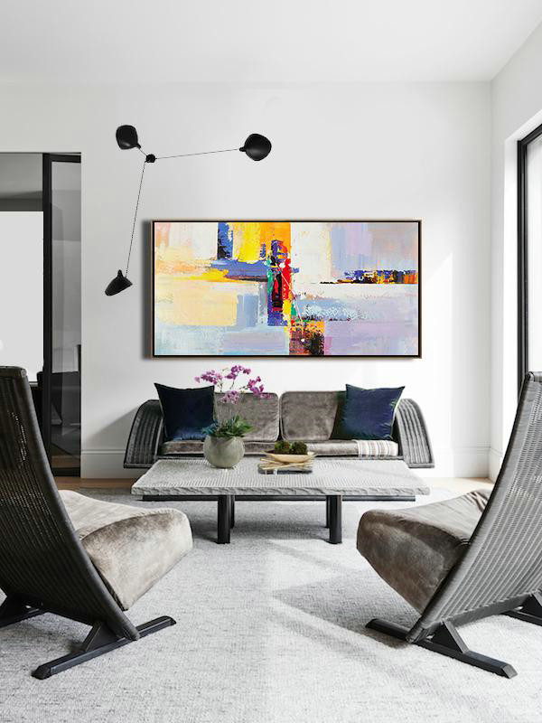 Handmade Extra Large Contemporary Painting,Horizontal Palette Knife Contemporary Art Panoramic Canvas Painting,Large Living Room Wall Decor,White,Yellow,Purple,Red.etc